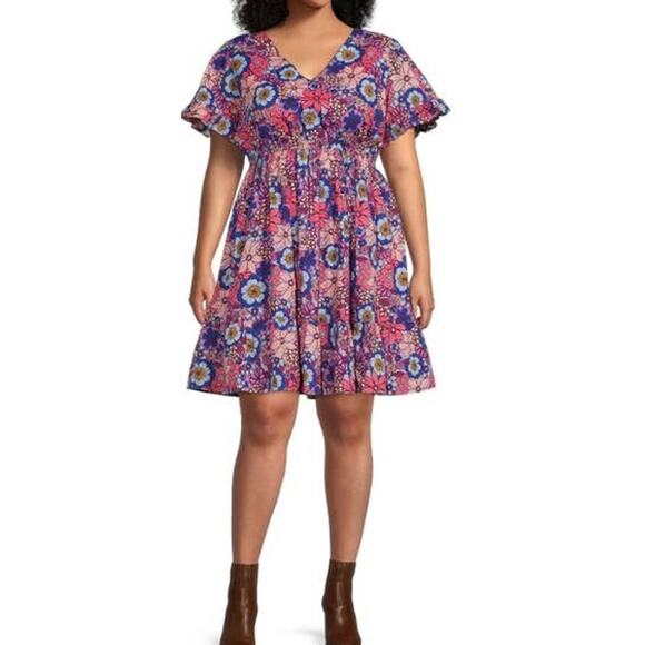 Terra & Sky Retro Floral/Lilac Bud Tiered Ruffle Midi Dress Plus Size 4x New - Picture 2 of 4